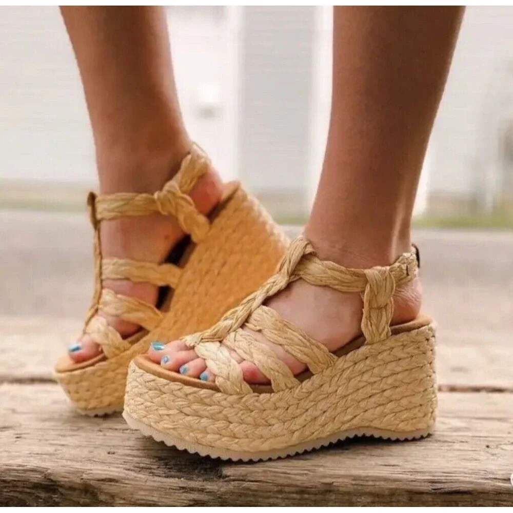 Free People Raffia Rendevous Platform Sandals Beige Braided Weave Shoes 40/10